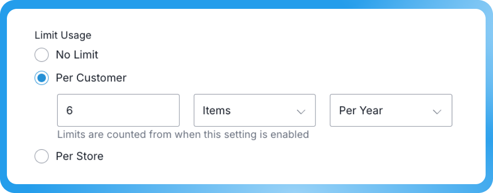 Commerce7 software screenshot showing discount limit per customer setting.