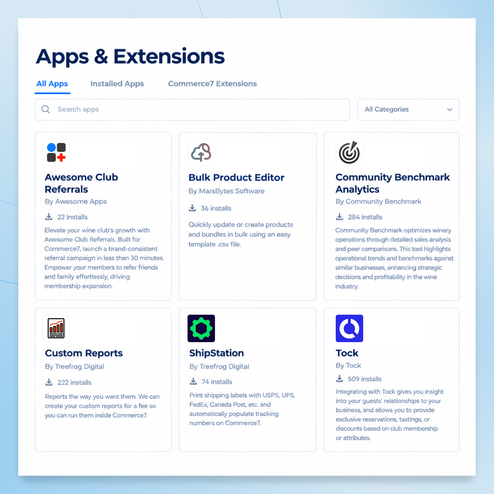 Screenshot of Apps & Extensions page in Commerce7 software showing various app options.
