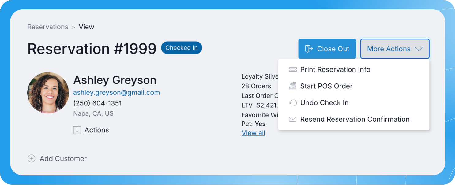 Commerce7 reservation management screen showing reservation details and actions for a customer.